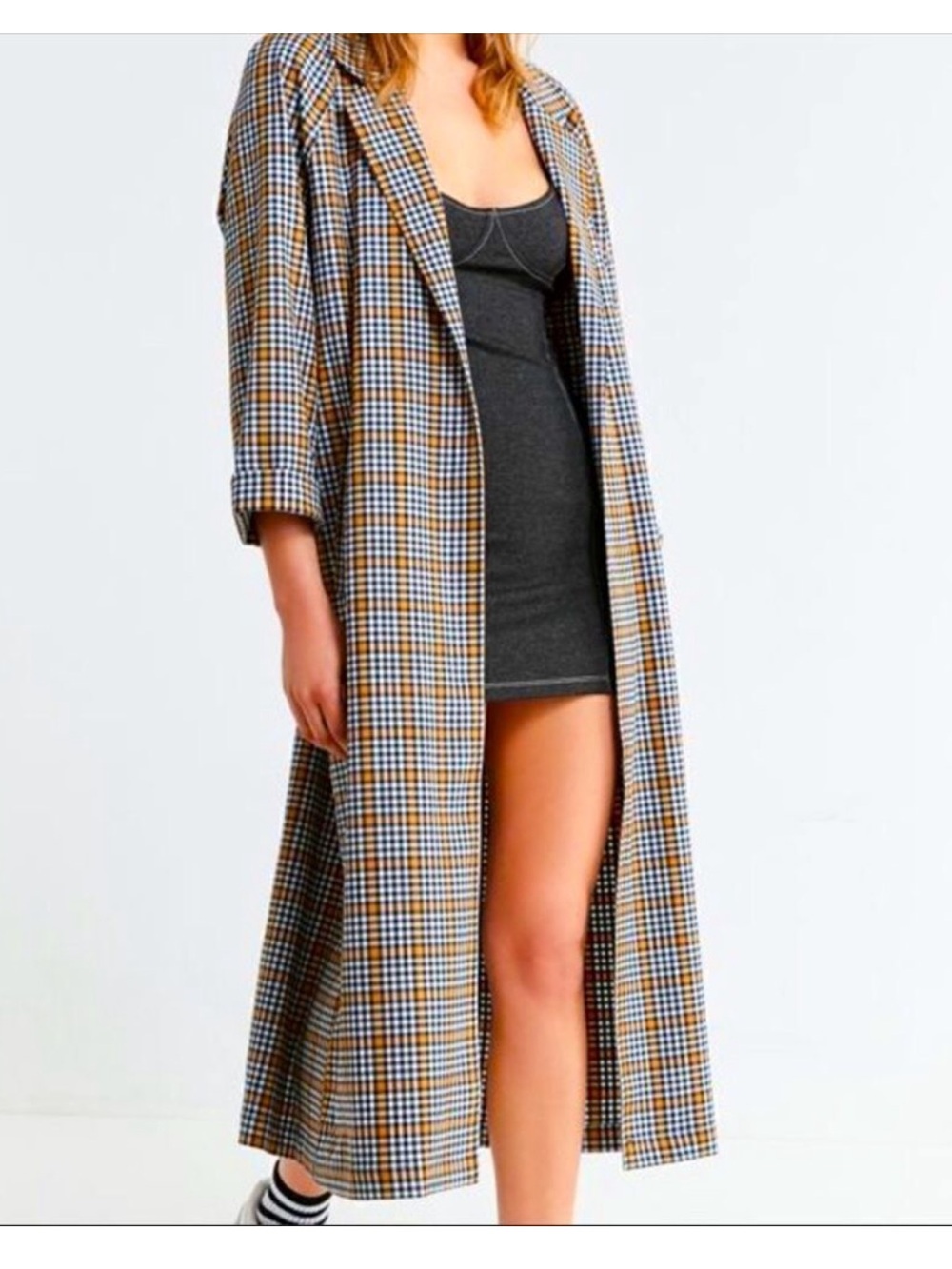 UO S Black Motif Gold White Plaid Overcoat Trench Duster two Button Front